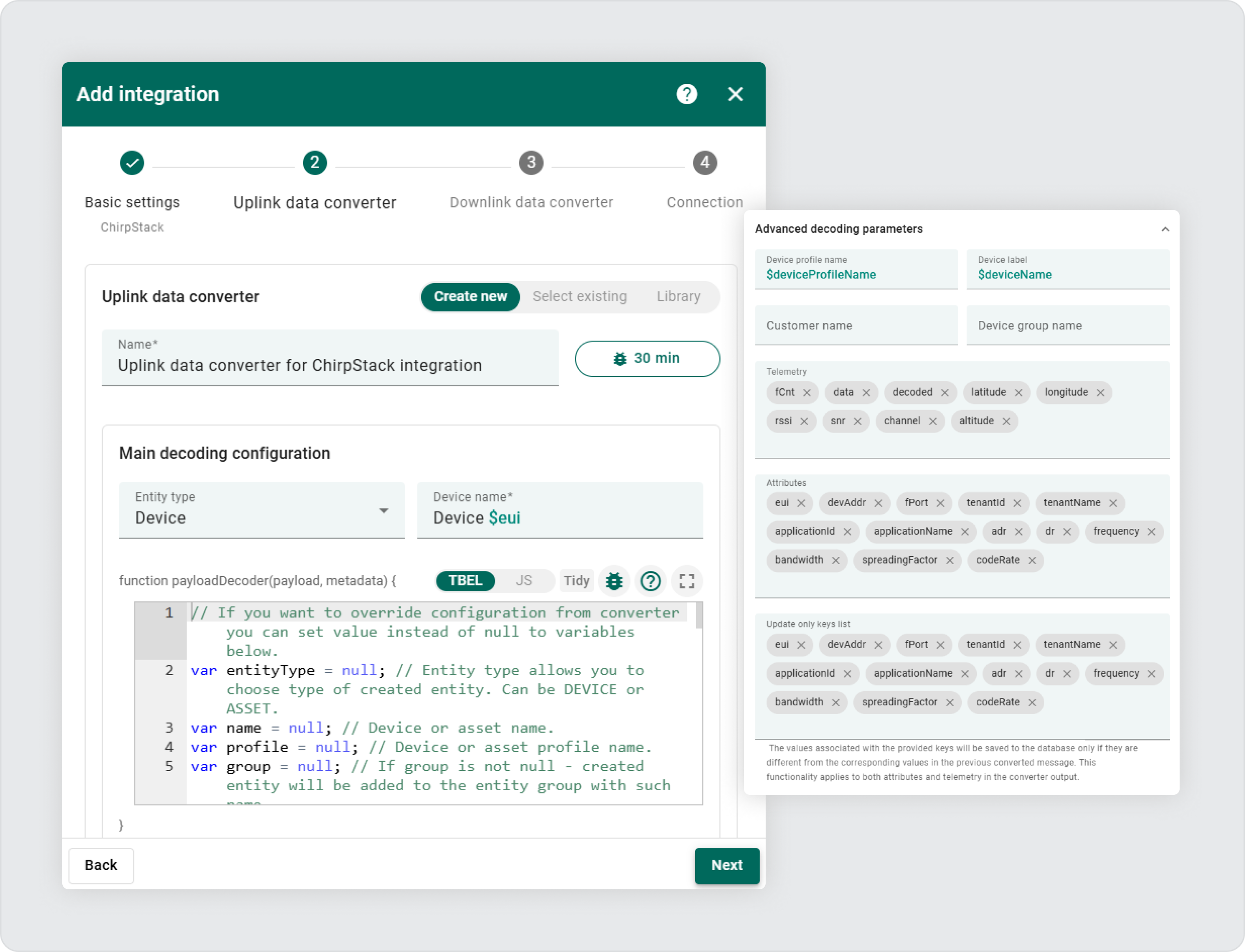 ThingsBoard add integration menu
